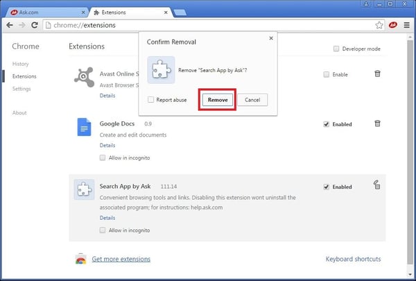 Toolbar Search App by Ask - Removal Confirm