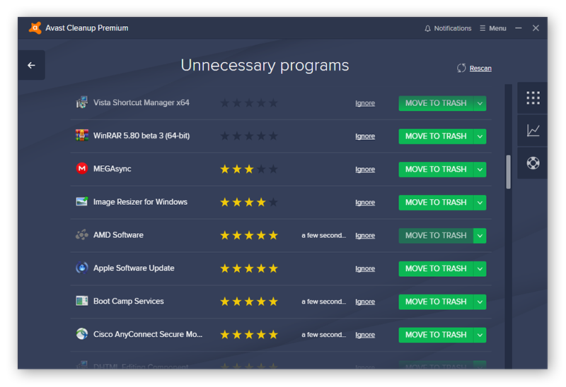 O Avast Cleanup sinaliza programas desnecessários e tem um sistema de classificação que usa crowdsourcing para ajudá-lo a saber quais aplicativos devem ser removidos.