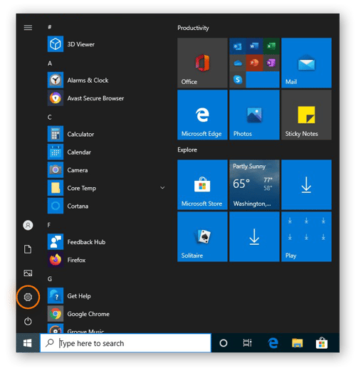 Ouverture des paramètres dans le menu Démarrer via l’icône en forme d’engrenage dans Windows 10