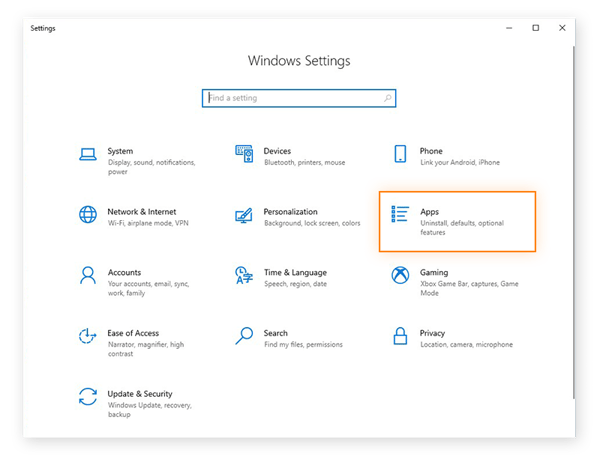 Opening the Apps settings from the Settings menu in Windows 10