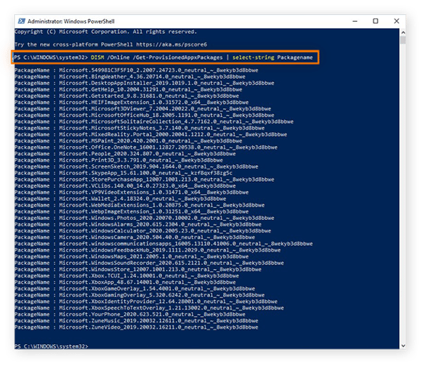 Using the DISM command in Windows PowerShell to view all preinstalled apps in Windows 10