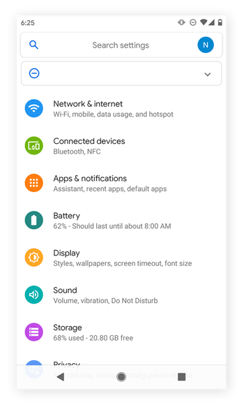 Opening up the Settings menu in Android 10.