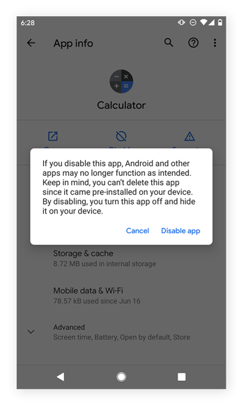Confirming disabling an app in Android 10.
