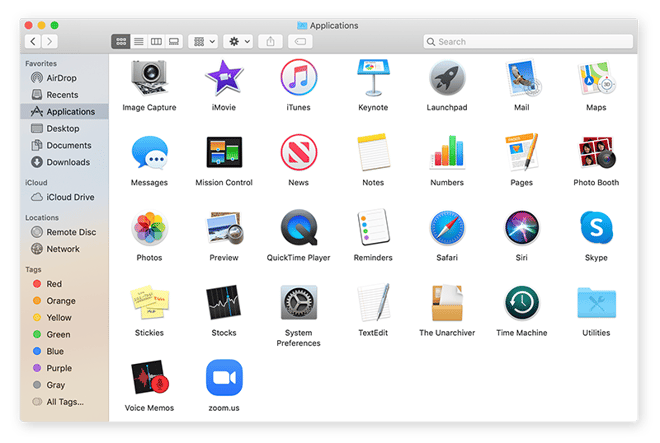Screenshot of Mac Applications menu with icon view of apps.