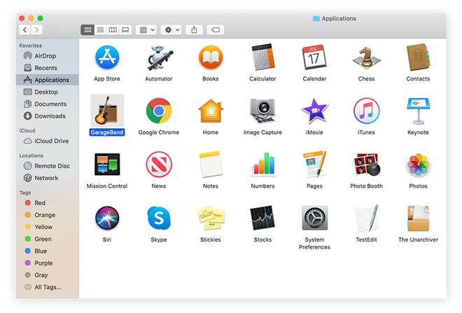 Screenshot des Mac-Menüs „Programme“ mit ausgewählter App „GarageBand“