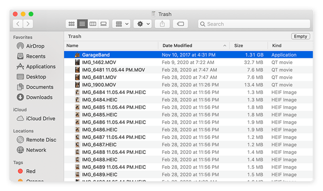 Screenshot des Mac-Menüs „Papierkorb“ mit einer Listenansicht der zum Löschen bereitstehenden Objekte