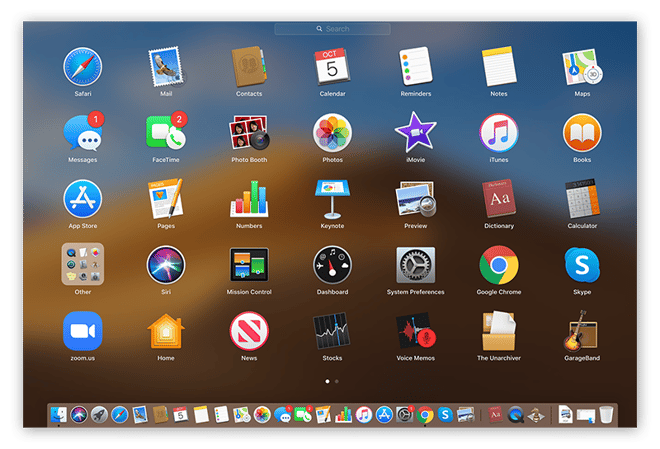 Screenshot of Mac Launchpad, with icon view of apps.