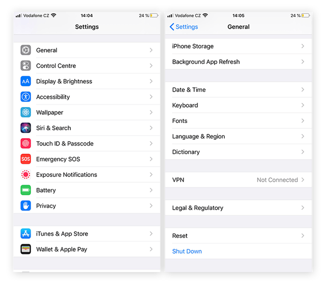 The Settings menu and General settings menu on an iPhone.