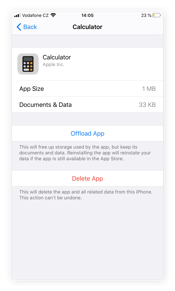 Скриншот настройки калькулятора iPhone, чтобы продемонстрировать, как разгрузить приложение или удалить приложение