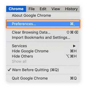 Selecione “Preferências” no menu do Chrome
