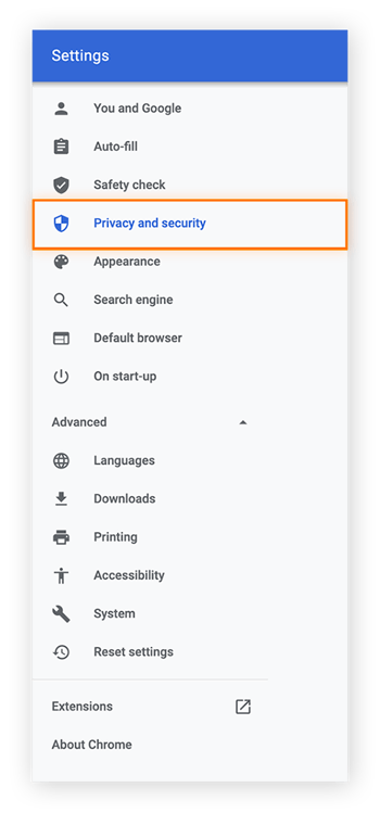 Wählen Sie „Datenschutz und Sicherheit“, um die Datenschutzeinstellungen von Chrome zu öffnen.