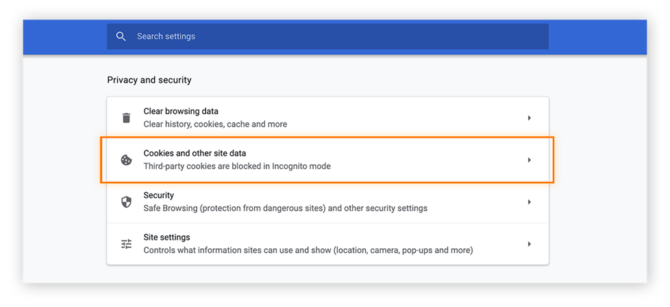 Select "Cookies and other site data" to continue to Chrome's tracking settings