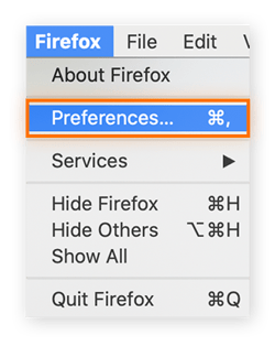 Selecione “Preferências” no menu do Firefox