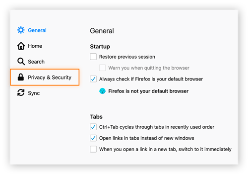 Seleccione «Privacidad y Seguridad» para continuar con la configuración de privacidad de Firefox