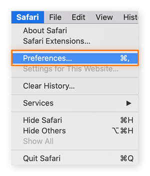 Selecione “Preferências” no menu do Safari