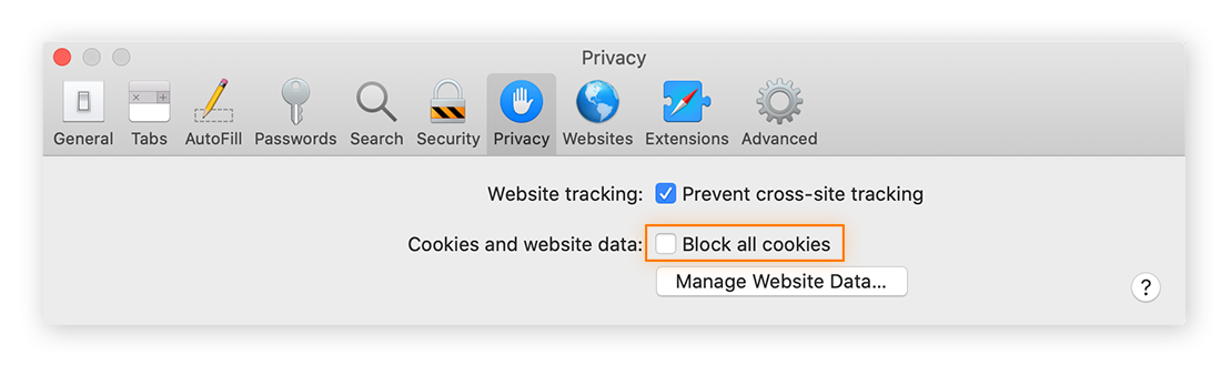 Aktivieren Sie neben „Cookies und Website-Daten“ die Option „Alle Cookies blockieren“.