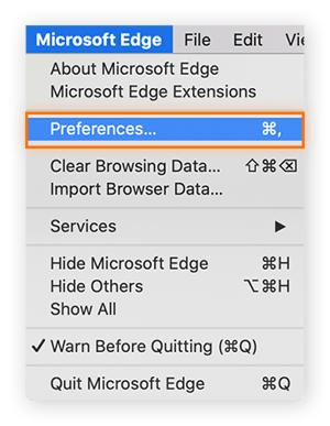 Selecione “Preferências” no menu do Edge da Microsoft