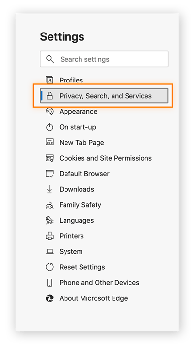 Em “Configurações” à esquerda da tela, clique na guia Privacidade, Pesquisa e Serviços