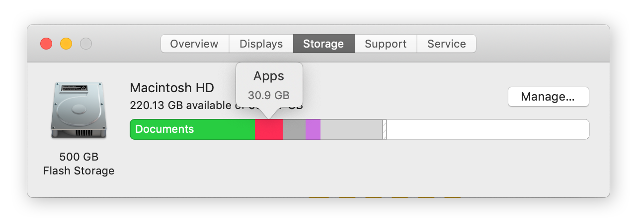 Pestaña de almacenamiento en MacOS que muestra un gráfico de barras de las aplicaciones y otros tipos de archivos almacenados en el disco duro de un MacBook.