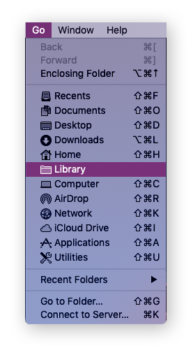 Accessing the library folder option in the Go dropdown menu.