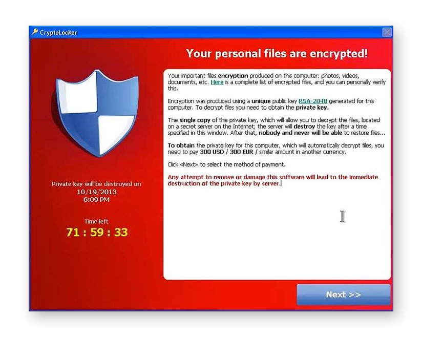 The CryptoLocker filecoder is ransomware that encrypts the victims files and demands payment for the decryption key.