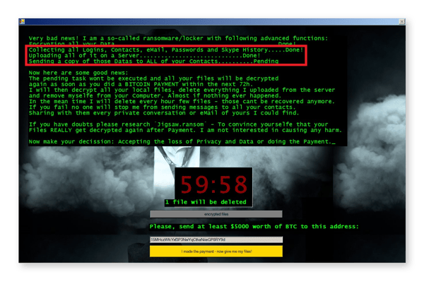 One variant of the Jigsaw ransomware virus includes a doxing threat.