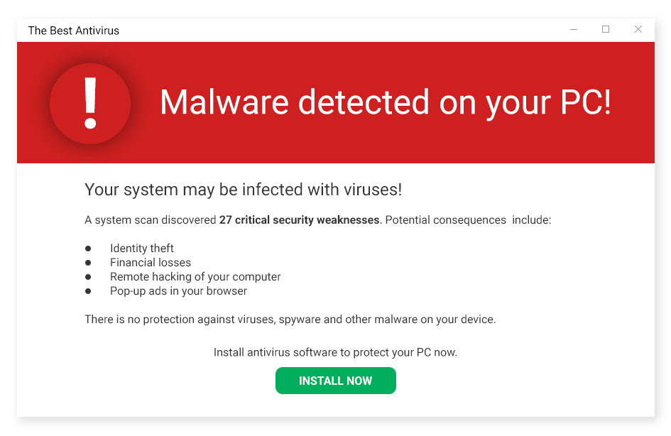 Exemple de scareware, dont le but est de vous tromper pour vous pousser à télécharger un logiciel antivirus frauduleux.