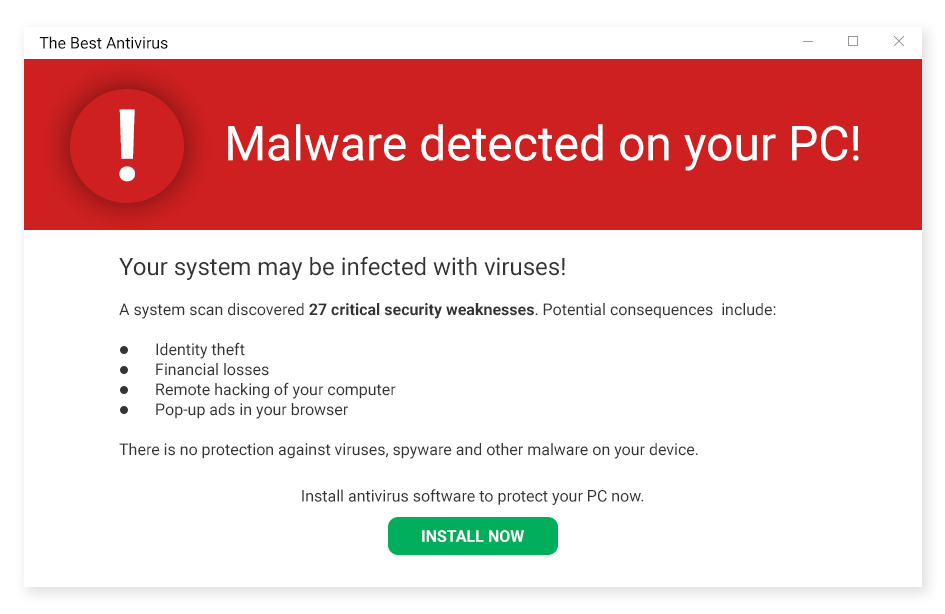 An example of scareware, which aims to scare you into downloading fake antivirus software.