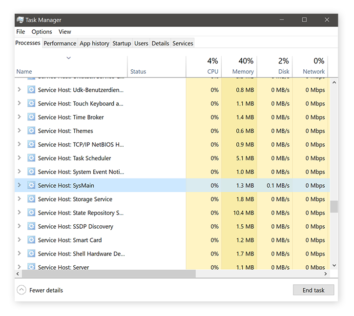Identifying Windows Service Host Superfetch in the Task Manager for Windows 10