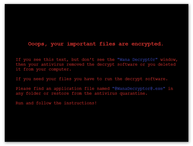 The Wanna Cry ransomware encryption screen.