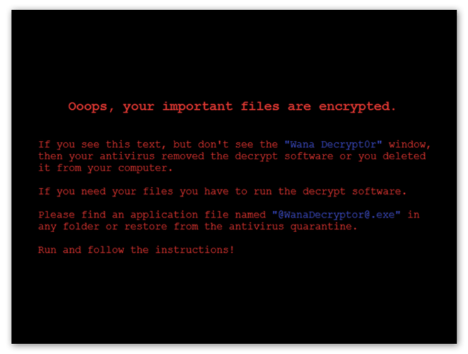 The Wanna Cry ransomware encryption screen.