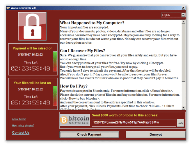 Capture d’écran du ransomware WannaCry indiquant la procédure à suivre pour verser une rançon.
