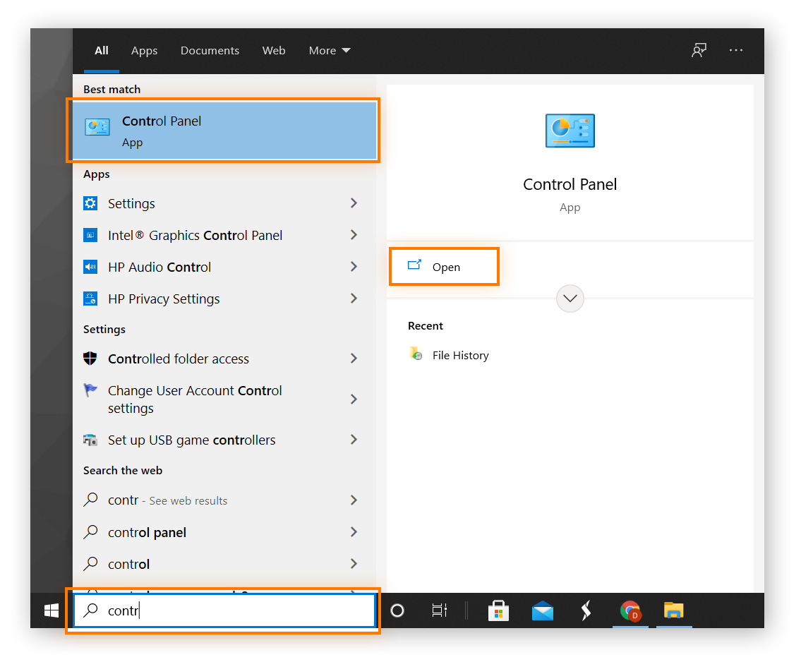 Highlighting the Control Panel option after searching for Control Panel in the Windows Search Bar