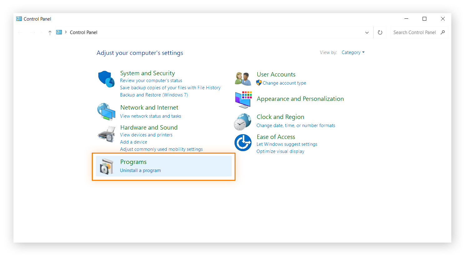 Destacando a opção “Desinstalar um programa” sob “Programas” no Painel de Controle do Windows 10