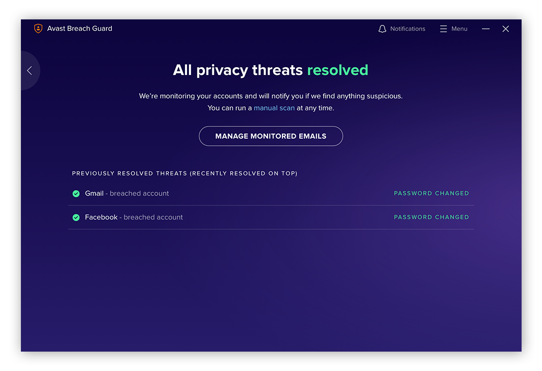 Um relatório de privacidade do Avast BreachGuard para Windows 10