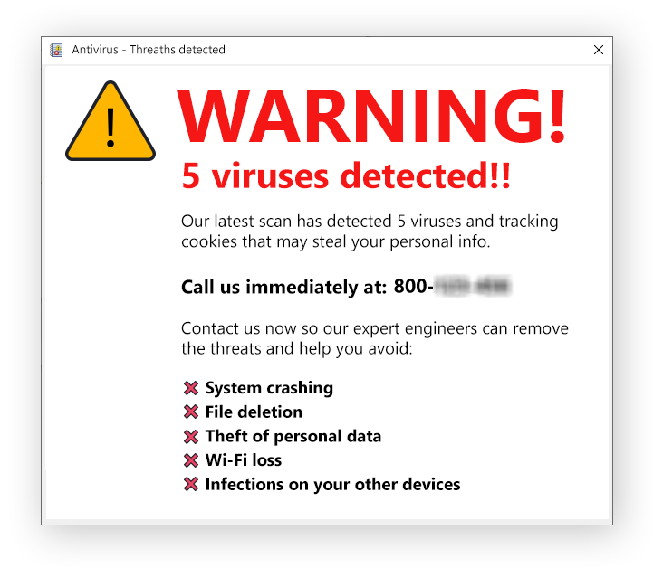 Tech support scams scare you into thinking there's a problem with your computer, often by showing you fake malware warnings.