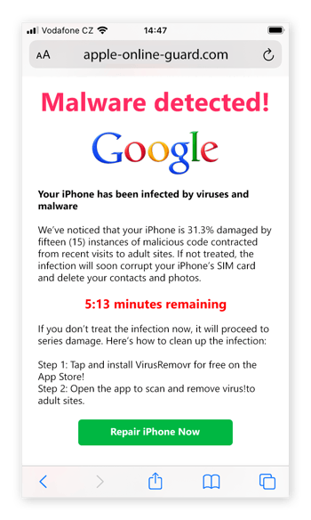 Notification scareware pour un outil de nettoyage conçue pour ressembler à une véritable alerte de virus publiée par Google.