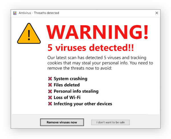 Eine typische, gefälschte Popup-Virenwarnung, die Benutzer zum Herunterladen von Scareware verleiten soll.