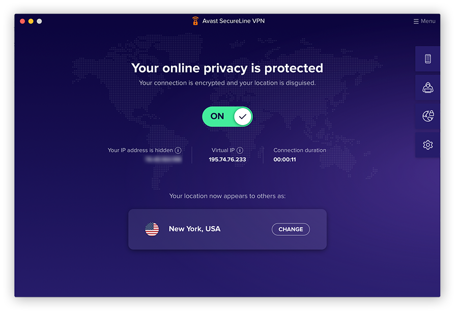 Captura de pantalla de la ventana principal de Avast SecureLine VPN, con la VPN activada