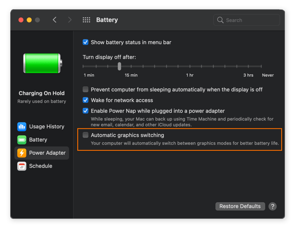 The Power Adapter settings on a MacBook Pro