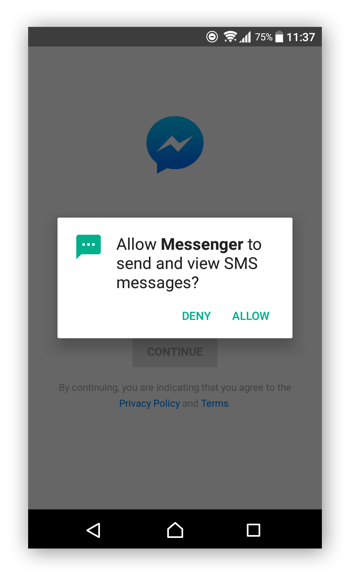 A Facebook Messenger permission request