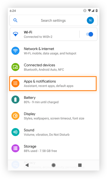 Abrir el ajuste Aplicaciones y notificaciones en Android.