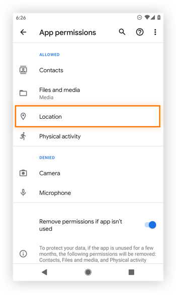 Changing allowed or denied permissions for Android apps.