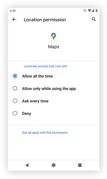 Changing permission access for apps on Android: allow all the time, allow only while using the app, ask every time, or deny.