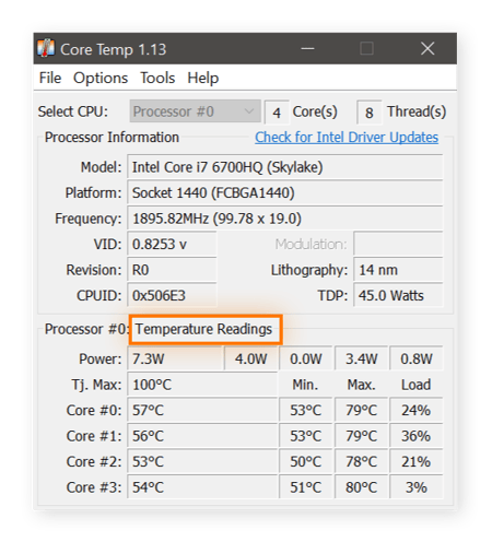 Core Temp-Übersicht der CPU-Kerne