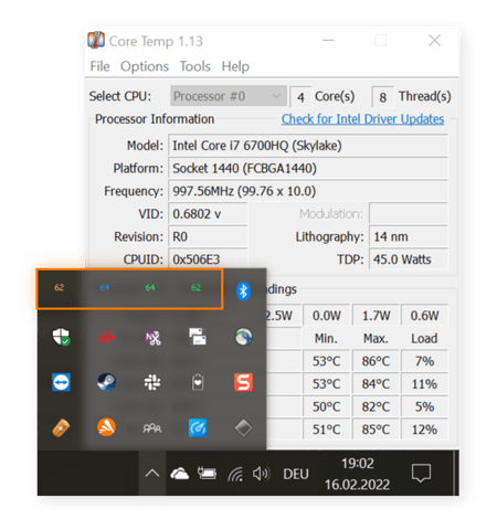 Exibição de temperatura do Core Temp diretamente no menu da barra de ferramentas