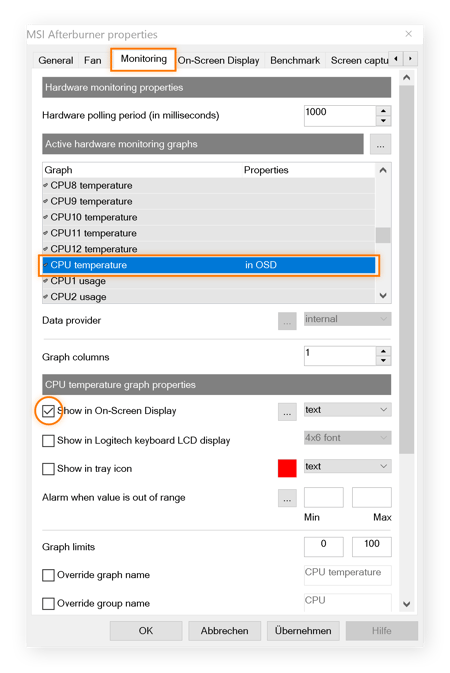 Configurações de exibição da temperatura da CPU/GPU no RivaTurner