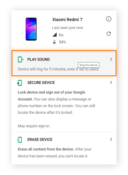 Highlighting the PLAY SOUND option in Google Find My Device