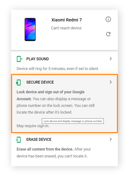 Highlighting the SECURE DEVICE option in Google Find My Device.