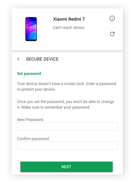 Setting a password for the screen lock under SECURE DEVICE in Google Find My Device